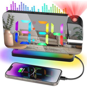 7 Inch Projectie Wekker met Nachtlampje en RGB Projector - Digitale Wekker met Groot Display, Helderheid & Volume Aanpassing, USB Oplader, Snoozefunctie 12/24H