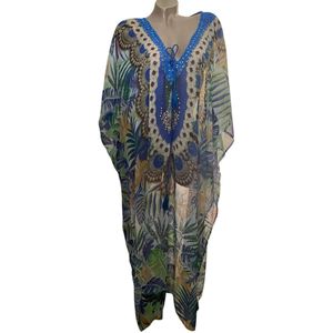 Kaftan half transparant kaftan grote maten met steentjes 35/L 128/105cm One size 42-54 blauw/groen/paars