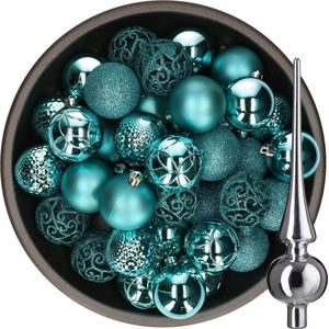 Decoris Kerstballen - 37x stuks - 6 cm - turquoise - kunststof - incl. glazen piek glans zilver