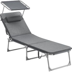 FurnStar - Ligstoel - Ligstoel met 3 cm Dikke Steun - Hoofdsteun, Zonnedak, Verstelbare Rugleuning, Opvouwbaar - 53 x 193 x 29,5 cm - Draagvermogen tot 150 kg - Voor Tuin, Balkon - Donkergrijs