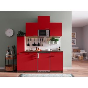 Goedkope keuken 180  cm - complete kleine keuken met apparatuur Oliver - Donker eiken/Rood - keramische kookplaat  - koelkast  - magnetron - mini keuken - compacte keuken - keukenblok met apparatuur