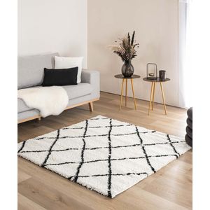 Vierkant hoogpolig vloerkleed ruiten Artisan - wit/zwart 100x100 cm