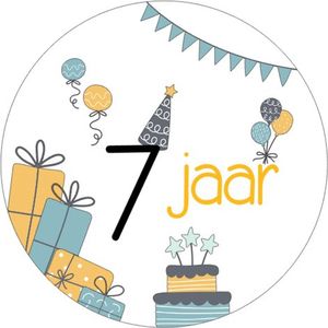 25x Sluitsticker 7 Jaar - Geel Blauw - 40 mm - Verjaardags sticker - Sluitzegel - Sticker Verjaardag jongens meisjes - Ballonnen - Cadeau's Kado's - Glossy - Sluitzegel - Wensetiket - Uitdelen - Jarig - Trakteren - Hoera