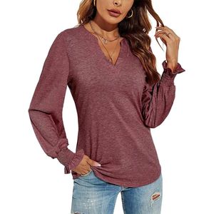 ASTRADAVI Casual Wear - Dames V-Hals Blouse - Stijlvolle Top met Geplooide Mouwen - Heather Wijnrood / 2X-Large