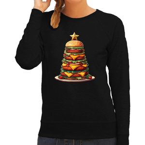 Bellatio Decorations Kersttrui/sweater dames - kerstboom van hamburgers - zwart - burgerfan - Merry Christmas XS