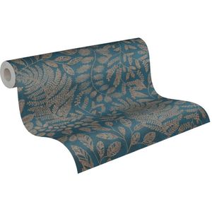 Ibenzoa® Elegant vliesbehang met bloemen- en bladermotief in blauw, goud en turquoise voor sfeervolle interieurs