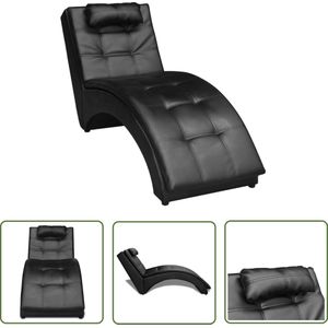 The Living Store Chaise longue met kussen kunstleer zwart - Chaise Lounge - Loungestoel - Relaxfauteuil - Tuinlounge - Zwarte Fauteuil