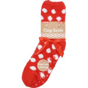 Huissokken Dames - Fluffy Kerst sokken - antislip - 2 PAAR - Rood met bollen & rendier - zeer zacht - verwarmende gripsokken - bedsokken - kerstcadeau voor vrouwen