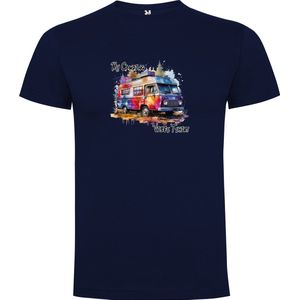 Donker Blauw T-Shirt met “Kleurrijke Retro Camper “ Print Full Color Maat S