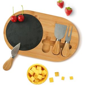 Houten kaasplank met kaasmessen en leisteenplaat - ideaal voor borrels - 1 stuk - bamboe