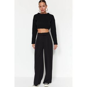 Trendyol Yunus Grijze Klittenbandsluiting, Hoge Taille, Geplooide Wijde Pijpen/Wijd Gesneden Gebreide Broek Twoaw24Pl00177