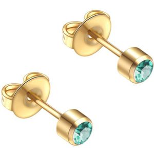 Stalen goudkleurige zweerknopjes met 3mm aqua blauw kristal steentje steriel verpakt geschikt voor oorschieter
