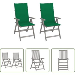 The Living Store Acacia Stoelenset - Buitenruimte verhoogt met verstelbare armstoelen - Massief acaciahout - greywash - Stabiel - duurzaam - opvallend - Incl - waterdichte kussens - Groen - 56x70x110 cm - Montage vereist - 2x stoel met kussen