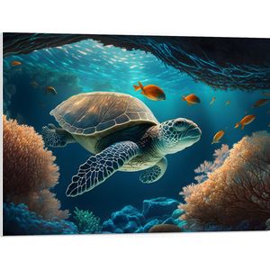 PVC Schuimplaat- Cartoon van Zeeschildpad Zwemmend in Grotten op Zeebodem - 80x60 cm Foto op PVC Schuimplaat