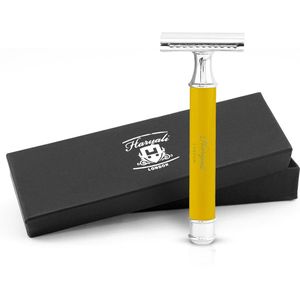 Haryali London Double Edge (DE) veiligheidsscheermes - stevig handvat - metalen en stalen afwerking - herbruikbaar veiligheidsscheermes geschikt voor mannen en vrouwen (geel)