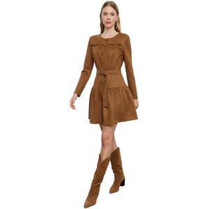 Trendyol Bruine Skater/Taille Open Geplooide Rok Suède Mini Geweven Jurk Twoaw25El00252