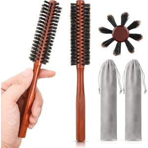 Kleine ronde haarborstels met wildzwijnharen – 2 stuks mini-haarborstels en baardborstels met houten handvat