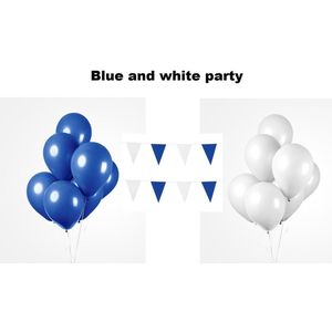 Blue and White party set - 2x vlaggenlijn blauw en wit - 100x Luxe Ballonnen blauw/wit - Festival thema feest party verjaardag gala jubileum