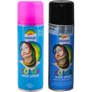 Set van 2x kleuren haarverf/haarspray van 111 ml - Zwart en Fluor Roze - Carnaval verkleed spullen