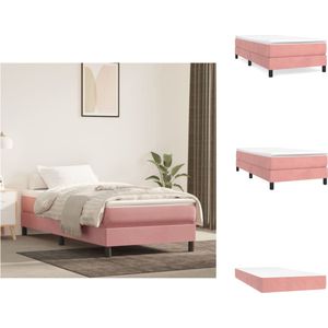 vidaXL Boxspringbed - fluweel - pocketvering - middelharde ondersteuning - huidvriendelijke topmatras - multiplex lattenbodem - roze - 203 x 90 x 25 cm - wit en roze - 90 x 200 x 20 cm - wit - 90 x 200 x 5 cm - Bed