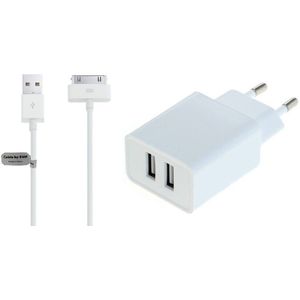 OneOne 2.4A lader met 2 poorten + 1,0m USB kabel. Oplader adapter past op Apple iPhone 3G, 3Gs, iPhone 4, 4s, iPad 1, iPad 2, iPad 3, iPod Classic, iPod Mini, iPod Nano 1, 2, 3, 4, 5, 6, iPod Touch 1, 2, 3, 4