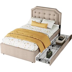 Merax 90x200 cm Gestoffeerd Bed - Luxe Eenpersoonsbed met Opbergruimte - Donkerbeige