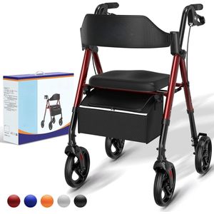 Lichtgewicht Opvouwbare Rollator Met Zitje – Smal & Wendbaar Voor Thuis – All-Terrain Banden 20 Cm – Verstelbare Hoogte – Donkerrood