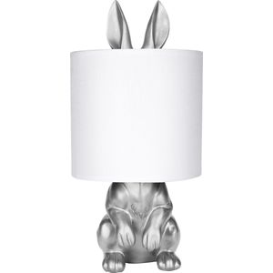 BRUBAKER Tafel- of Nachtlamp Zilver Konijn - Tafellamp met Keramische Voet en Stoffen Kap - 42 cm Hoog, Wit Zilver