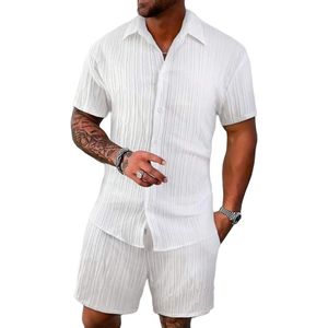 Trainingspak voor heren - 2-delig pak - poloshirt - knoop - korte mouwen - strand - joggers - gym - top - casual - hardlopen - sport - sweatshirt - activewear - WIT - XL