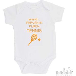 100% katoenen Romper ""ssssstt... Papa en ik kijken tennis"" Unisex Katoen Wit/mosterd Maat 56/62