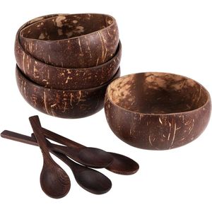 4 stuks kokosnootschalen met 4 houten lepels - natuurlijke smoothie bowl set Schalen set