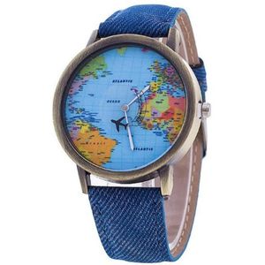 Hidzo Horloge Wereldkaart - Ø 38 mm - Blauw - kunstleer
