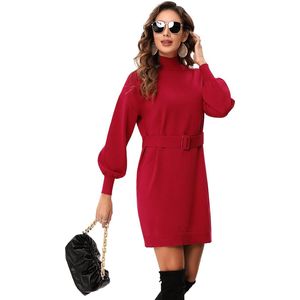 Gebreide Jurk Dames Lange Mouwen Coltrui Jurk Elegante Trui Tuniek Jurk Met Riem Claret L