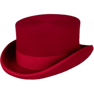 KIMU Luxe Hoge Hoed Rood - Laag Model - Maat 59 - 100% Wol - Heren Dames Man Vrouw - Tophat Wolvilt Hoedje - Burlesque Showgirl Quizmaster Clown Pimp Festival