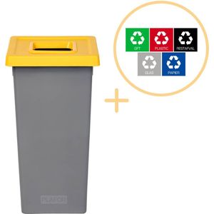 Plafor Fit Bin, Prullenbak voor afvalscheiding - 75L – Grijs/Geel- Inclusief 5-delige Stickerset - Afvalbak voor gemakkelijk Afval Scheiden en Recycling - Afvalemmer - Vuilnisbak voor Huishouden, Keuken en Kantoor - Afvalbakken - Recyclen