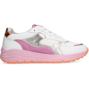 Manfield - Dames - Witte leren sneakers met roze en metallic details - Maat 38