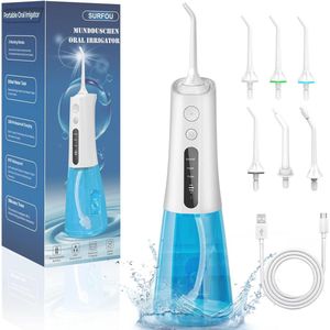 Waterflosser met 3 modi, 4 waterdrukinstellingen, 6 opzetstukken en waterreservoir van 300 ml - Ideaal voor thuis en onderweg