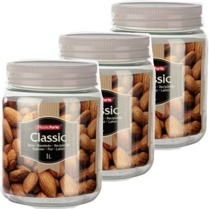 Set van 10x stuks kunststof keuken voorraadpot/weckpot taupe 1 liter met deksel - Formaat: 11 x 14 cm