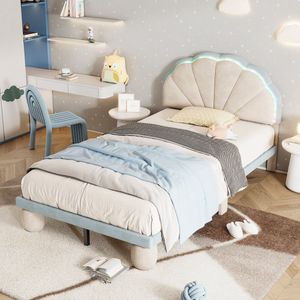 Sweiko Kinderbed, Gestoffeerd bed met veelkleurige, LED-verlichting, Afwisselende lichte strepen, Hoofdbord met geschulpte rand, met gestoffeerde ronde poten, met houten lattenbodem, Eenpersoonsbed, fluweel, Beige+Blauw, 90x200cm