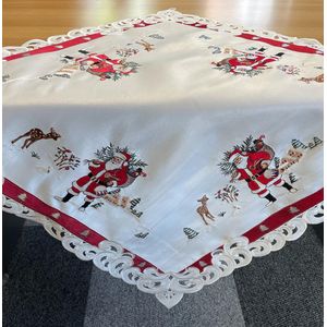 Tafelkleed - Kerst - Offwhite met rode rand en kerstman - Vierkant 85 cm