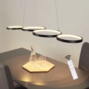 LuxiLamps - Moderne 4 Ringen Hanglamp - Lineaire Kroonluchter - Zwart - Verstelbaar - Dimbaar Met Afstandsbediening - 88 cm - Woonkamerlamp - Kroonluchter - Eetkamer Lamp