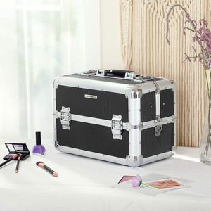 cosmetische koffer make-up koffer XXL groot voor bagage, aluminium multikoffer vloerkoffer met draagriem 36,5 x 22 x 25 cm, zwart JBC228