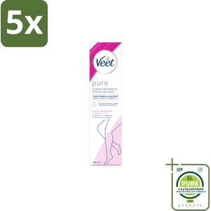5 x Veet Ontharingscrème Pure Normale Huid 100 ml - Grootverpakking - Ontharingscrème - Veet - Gladde Huid - Zachte Huid - Ontharen Benen