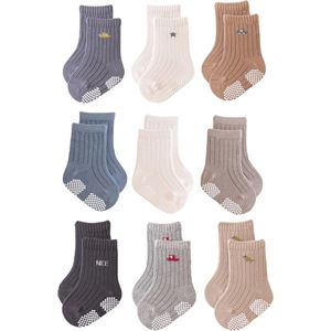 Antislip Baby Crew Sokken voor Peuters - 9 Paar Grips Gekamd Katoen