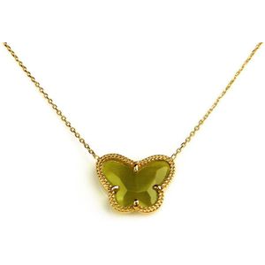 korte zilveren halsketting halssnoer collier geelgoud verguld Model Vlinder met kaki groene steen