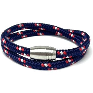 NIEUW! - Jolla - heren armband - wikkelarmband - vaderdag - magneet - staal - gevlochten touw - Steel Rope - Blauw/Rood - Medium