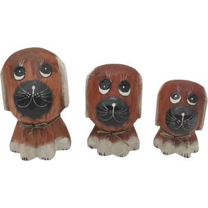 Set van 3 houten hondenbeeldjes - decoratieve hond - hondenfiguur hondendecoratie - miniatuurhonden - puppy's - knutselen - huisdecoratie - huisdecoratie-idee - meubeldecoratie-idee (bruin mod 1)