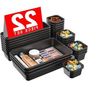 22Pcs Plastic Desk Drawer Dividers Trays Dresser Storage Bins Set Black - Ideal for Makeup, Jewelry, and Gadgets Organization in Bedroom, Bathroom, or Office