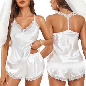 Satijnen damespyjama, sexy pyjamaset met V-hals, mouwloos, elegant en comfortabel