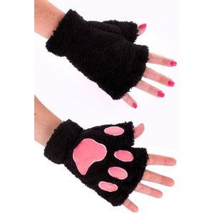 KIMU Dierenpoot Vingerloze Handschoenen Zwart Roze Pluche - Vingerloos Pootjes - Kattenpootjes Hondenpootjes Panterpootjes Dierenpootjes Fleece Festival